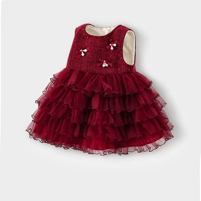 女童连衣裙冬装儿童加绒公主背心纱裙宝宝周岁礼服红色拜年服