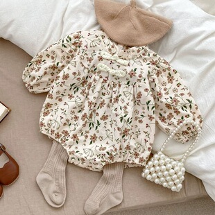 婴儿春秋装汉服女宝宝旗袍连体衣百天周岁礼服套装满月碎花包屁衣