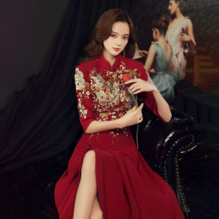 酒红色大码新中式改良旗袍敬酒服新娘结婚订婚礼服裙回门宴连衣裙
