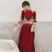 大码 改良旗袍敬酒服新娘结婚订婚回门宴礼服秀禾服 酒红色复古中式