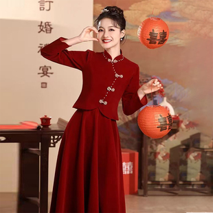 裙 婚礼套装 酒红色新中式 结婚敬酒服新娘订婚小礼服小香风回门便装