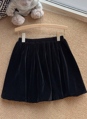 黑色丝绒蓬蓬裙半身裙短裙女花苞裙高腰半裙防走光复古秋冬A字裙