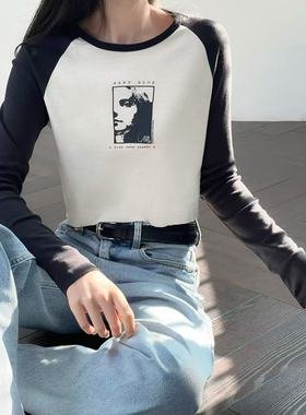 11.08新品 B艾穆 千禧辣妹人脸图案拼接休闲圆领套头减龄百搭上衣