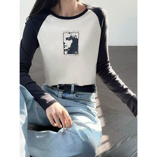 OOhome新品 B艾穆千禧辣妹人脸图案拼接休闲圆领套头减龄百搭上衣