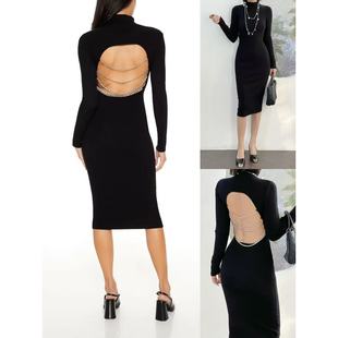 背后镂空链条设计针织连衣裙 高领修身 12.10新品 爱福21新年战袍