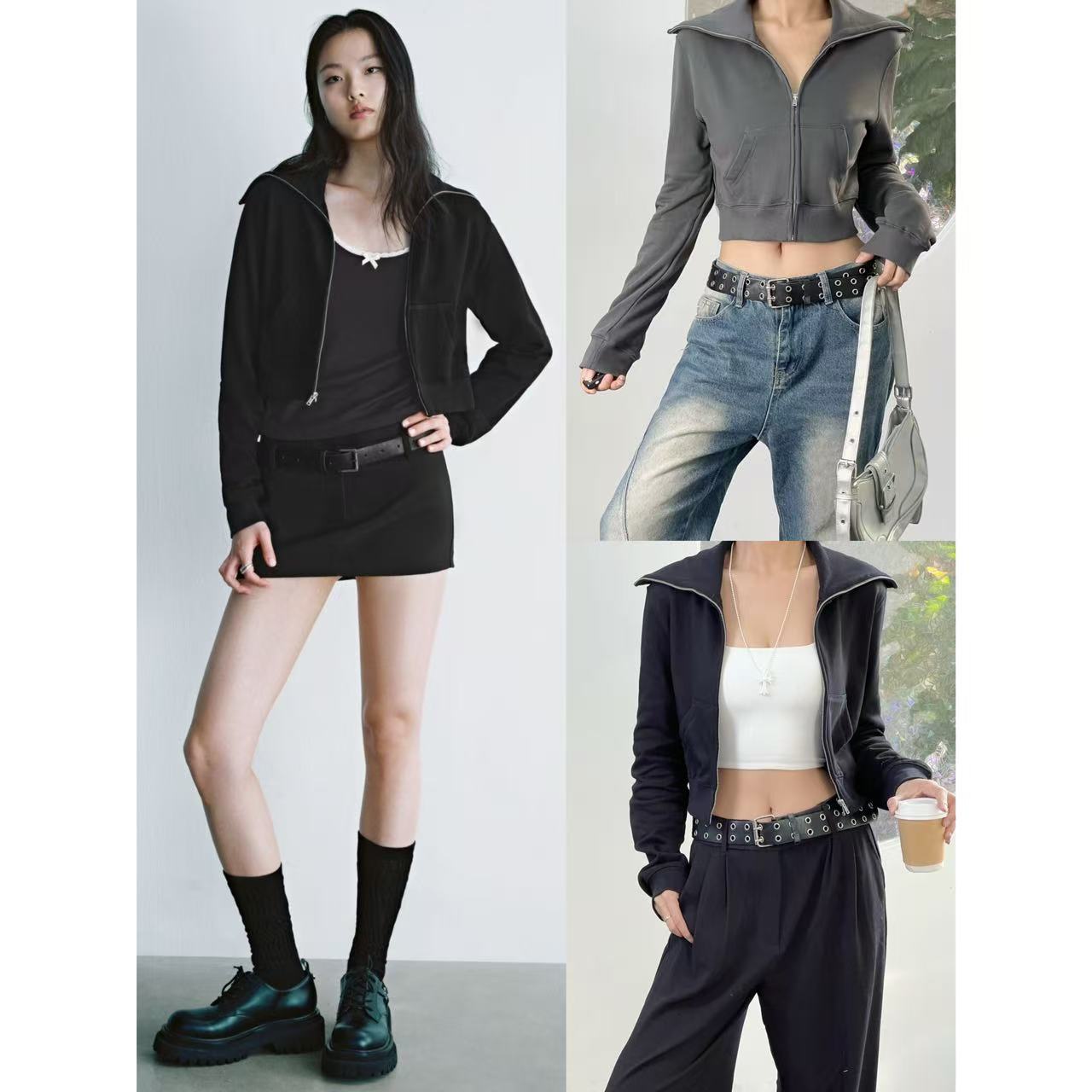 拉链翻领短款露脐休闲简约卫衣