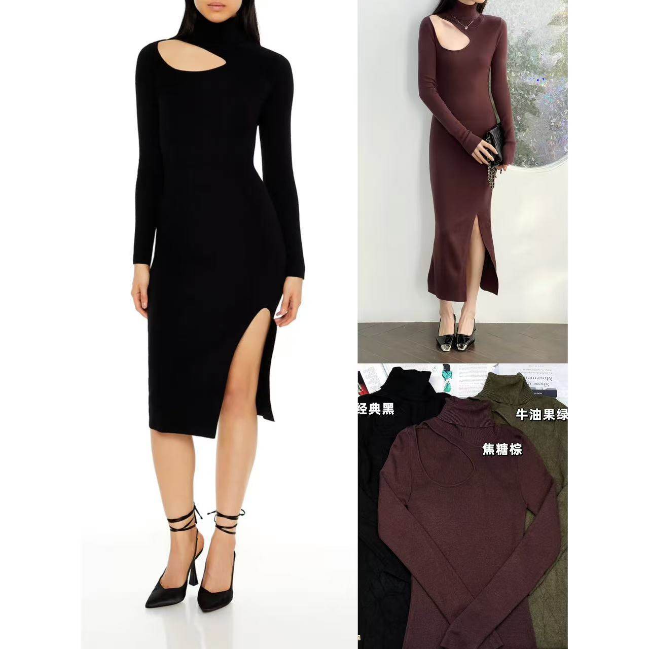 高领露单肩设计修身显瘦连衣裙