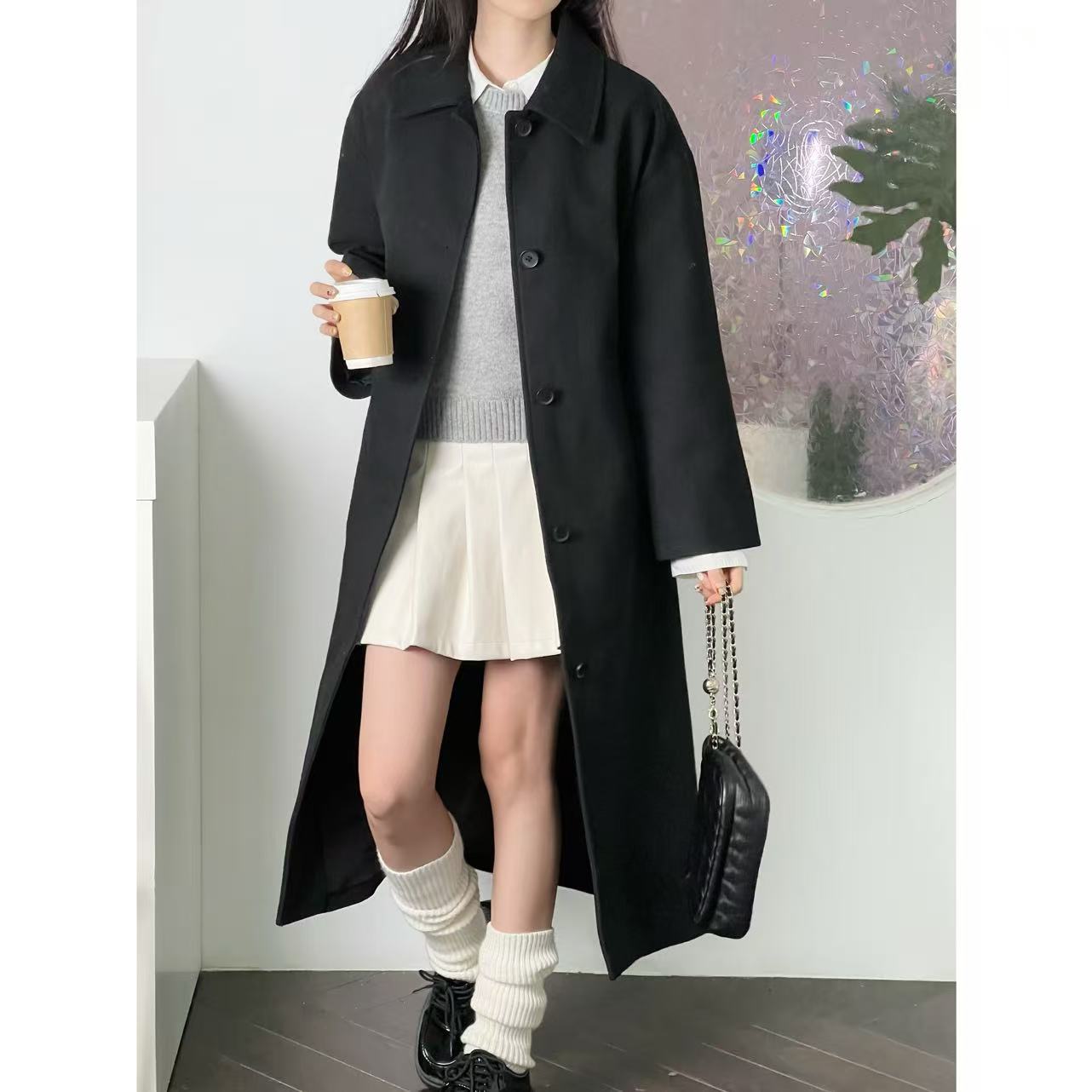 赫本风极简立体中长款西装大衣