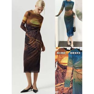 03.11新品 俄潮牌LIME废土风复古落日黄昏网纱圆领收腰褶皱连衣裙