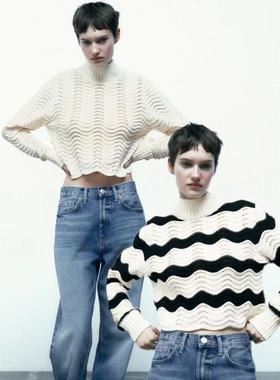 01.24新品 西班牙Z 甜美风高领纹理感镂空设计宽松短款针织上衣