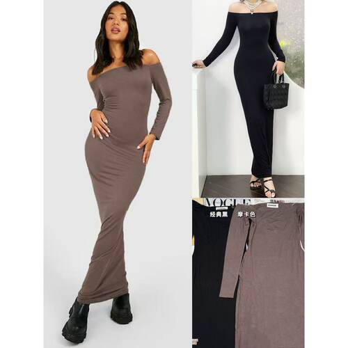 优雅修身长袖一字肩长款连衣裙