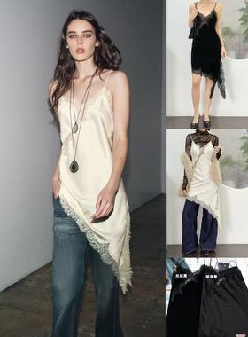 01.24新品 西班牙Z 暗夜缪斯！黑丝绒蕾丝氛围感不规则吊带礼服裙