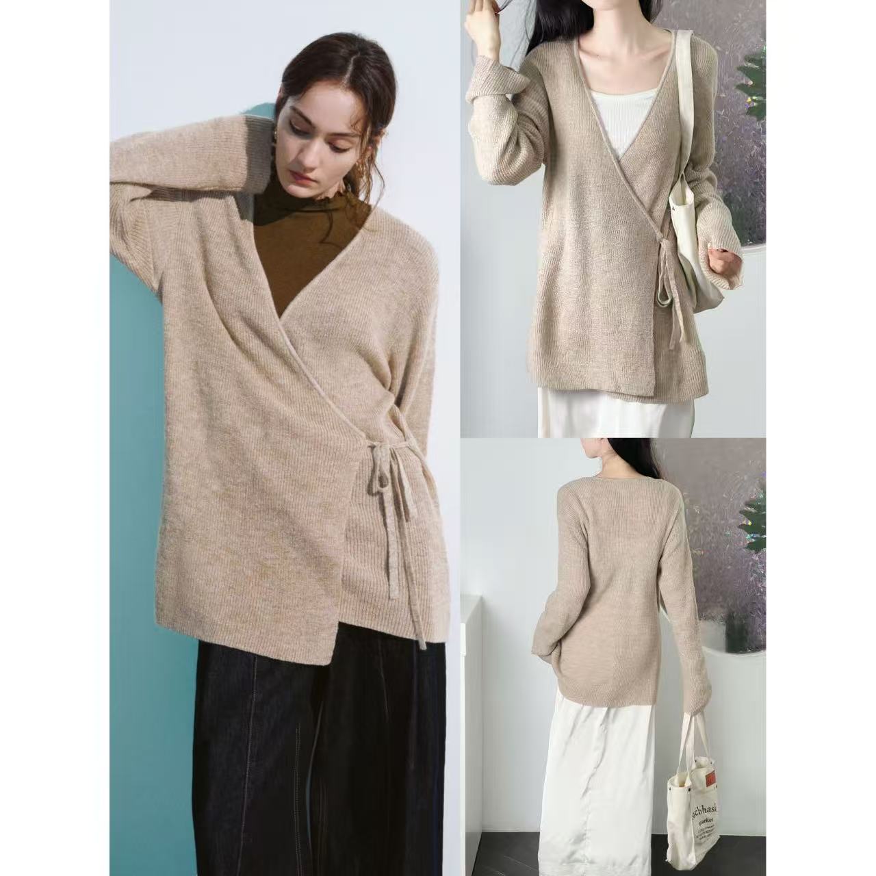 一片式收腰绑带设计百搭针织上衣