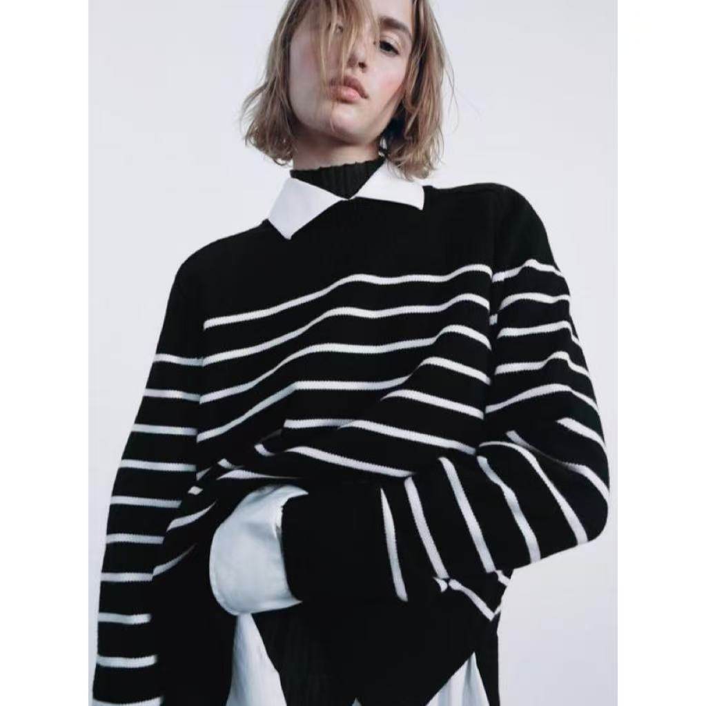 条纹设计宽松设计百搭针织毛衣