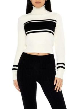 12.20新品 爱福21 纯棉~老钱风撞色拼接高领修身显瘦百搭针织上衣