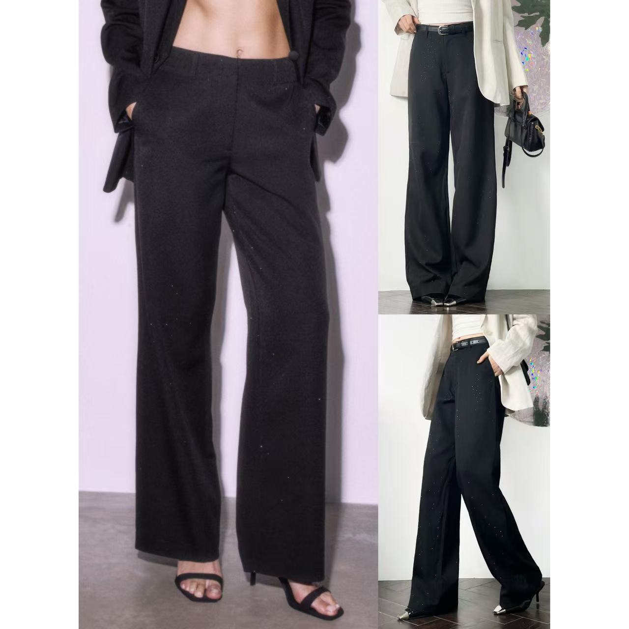 镶钻通勤高腰显瘦直筒阔腿长裤