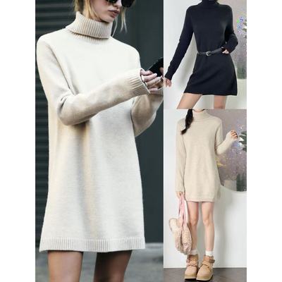 高领设计宽松毛衣连衣裙羊毛混纺