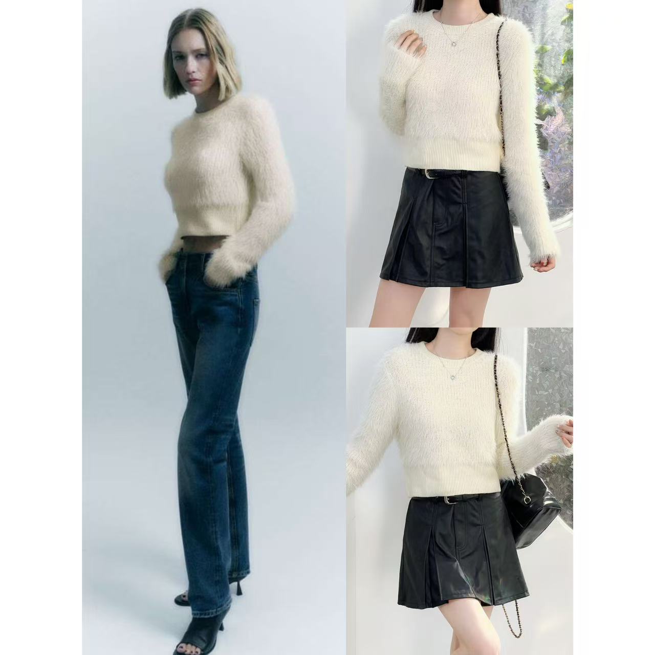 米白色软糯毛毛圆领百搭针织上衣