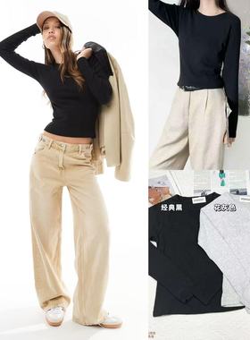 11.05新品 澳洲cot*on 美式简约纯色圆领修身显瘦百搭长袖上衣