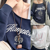 OOhome新品 慵懒感斜肩刺绣卫衣欧美辣妹露肩长袖 Lazy Sunday