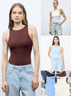 06.03新品 MAAG 美式复古单侧褶皱收腰圆领无袖简约连体T恤上衣