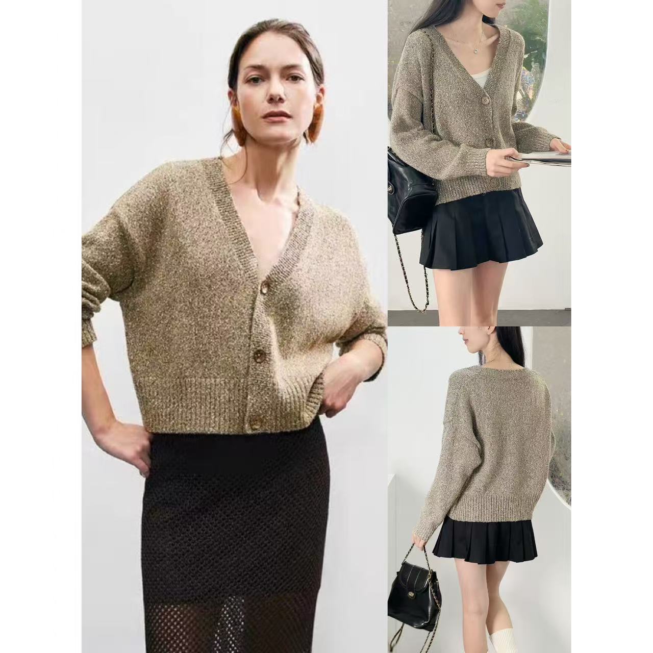 V领短款混纱针织开衫高及外套女