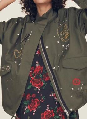 12.06新品 瑞典单 美式高街个性铆钉刺绣军绿色宽松休闲夹克外套