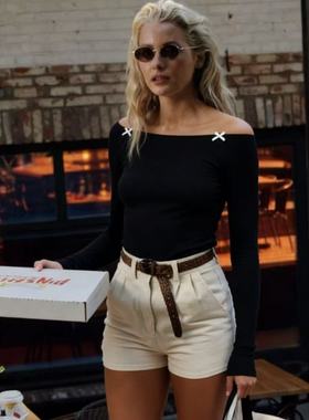 01.24新品澳洲cotton bm风纯欲一字肩设计蝴蝶结修身显瘦百搭上衣