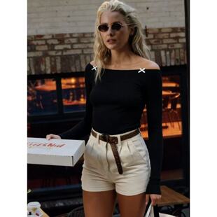 01.24新品澳洲cotton bm风纯欲一字肩设计蝴蝶结修身显瘦百搭上衣