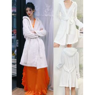 12.24新品 纯欲风慵懒软fufu连帽宽松绑带收腰居家睡袍 澳洲BODY