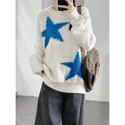 星星撞色氛围感宽松圆领针织毛衣