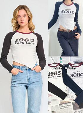 03.21新品 INDEX 美式减龄休闲字母印花圆领插肩拼色侧边抽绳上衣