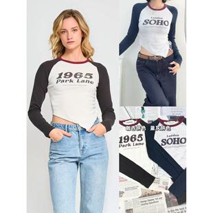 美式 减龄休闲字母印花圆领插肩拼色侧边抽绳上衣 INDEX 03.21新品