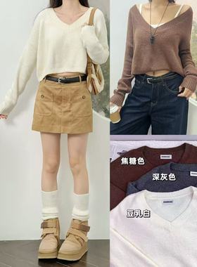 11.22新品 美单小海O 及简风V领宽松短款针织衫纯色百搭秋冬长袖