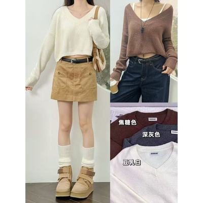 V领宽松短款针织衫纯色百搭秋冬