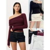 on欧美辣妹风褶皱斜肩小众设计感修身 01.17新品 澳洲cot 显瘦上衣