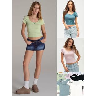 百搭T恤 短袖 03.14新品 Tillys人造丝混纺纯欲BM风纯色U领花边修身