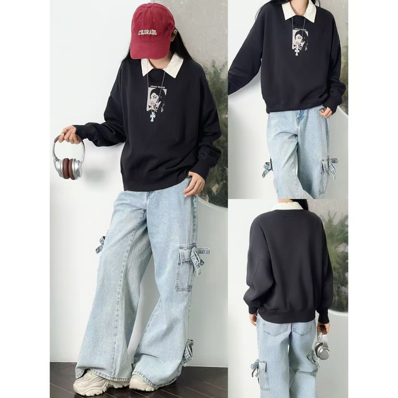 圆领A妹印花长袖加绒保暖卫衣