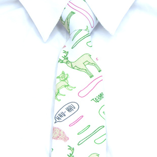 原创白色领带免打学院风印花动物卡通森林鹿狐狸英文韩版窄款领钛