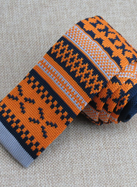 桔黄色针织领带 黑色几何设计韩版窄领带灰色头部时尚男士配饰