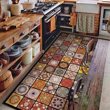 爆 复古摩洛哥 厨房吸水防滑垫可擦洗防油污花砖地垫脚垫免洗地毯