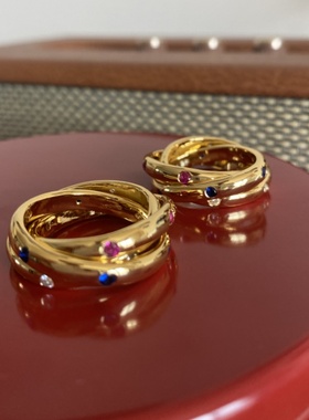 芳伶大哥同款戒指经典三环中古彩色宝石时髦气质复古戒指女新款