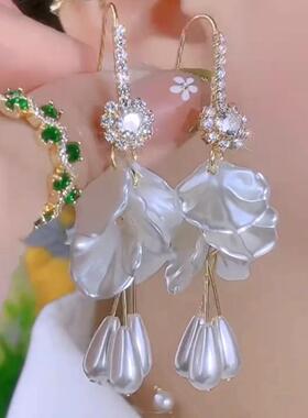 白色花朵925银针长款耳环百搭
