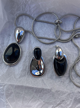 春夏新款不规则拼接黑玛瑙项链耳环女小众高级感可调节水滴毛衣链