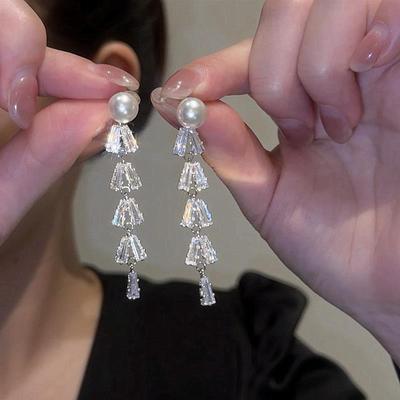 999纯银锆石流苏耳环高级感长款