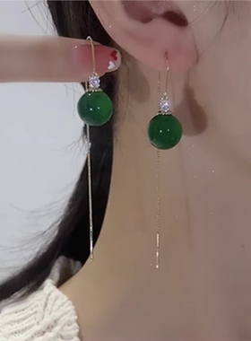 绿色猫眼耳线9999纯银耳环