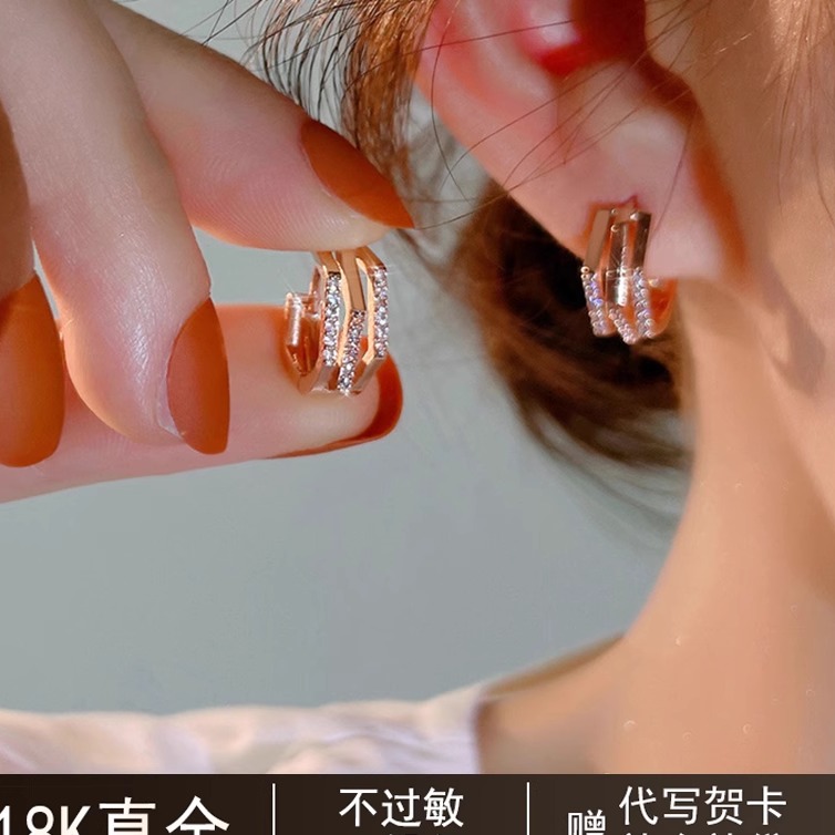 「巴黎设计」18k玫瑰金银耳环气质圆圈925镶钻耳扣轻奢彩金耳饰女