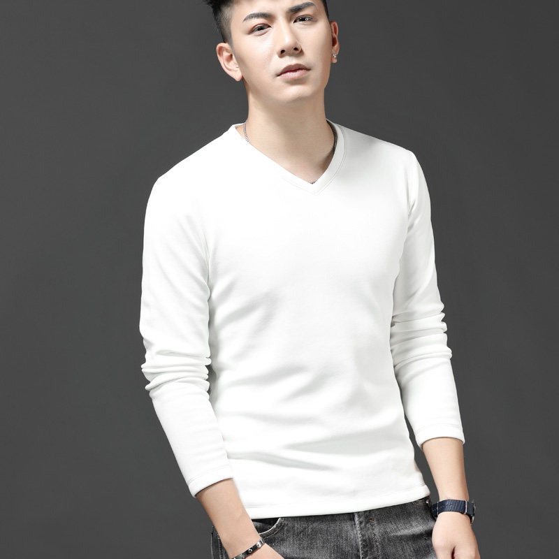 冬季低v领白色保暖内衣男上身单件加绒加厚上衣紧身可外穿打底衫