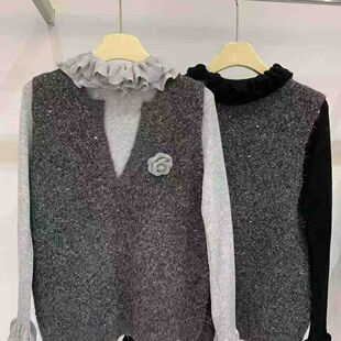 韩版小个子V领亮片针织马甲女花边领时尚简约长袖T恤打底衫两件套