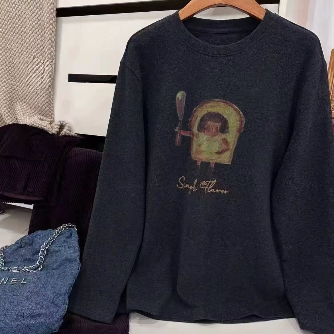 韩版卡通印花T恤女欧洲站深灰色圆领长袖宽松显瘦打底衫时尚百搭